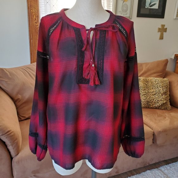 Knox Rose Buffalo Plaid Top Red L - Picture 2 of 5